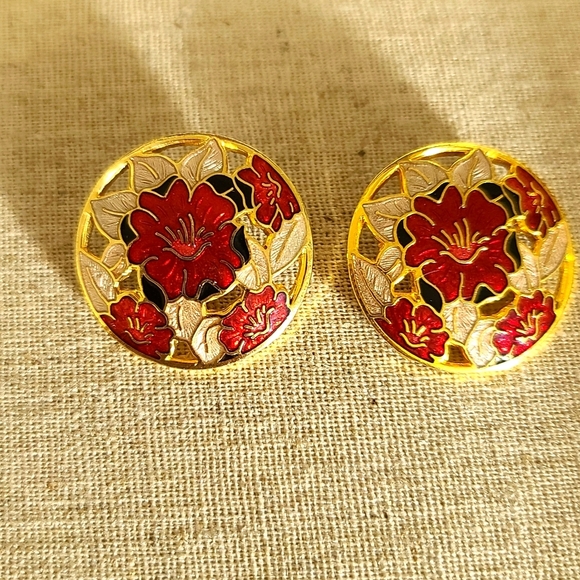 Cloisonne 80s Gold Tone Vintage Clip on Earrings - Picture 1 of 5